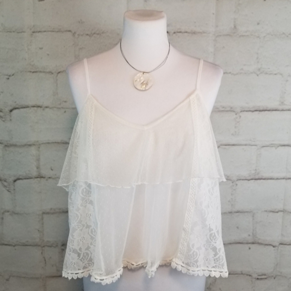 American Eagle S White Floaty Tiered Lace Tank Top